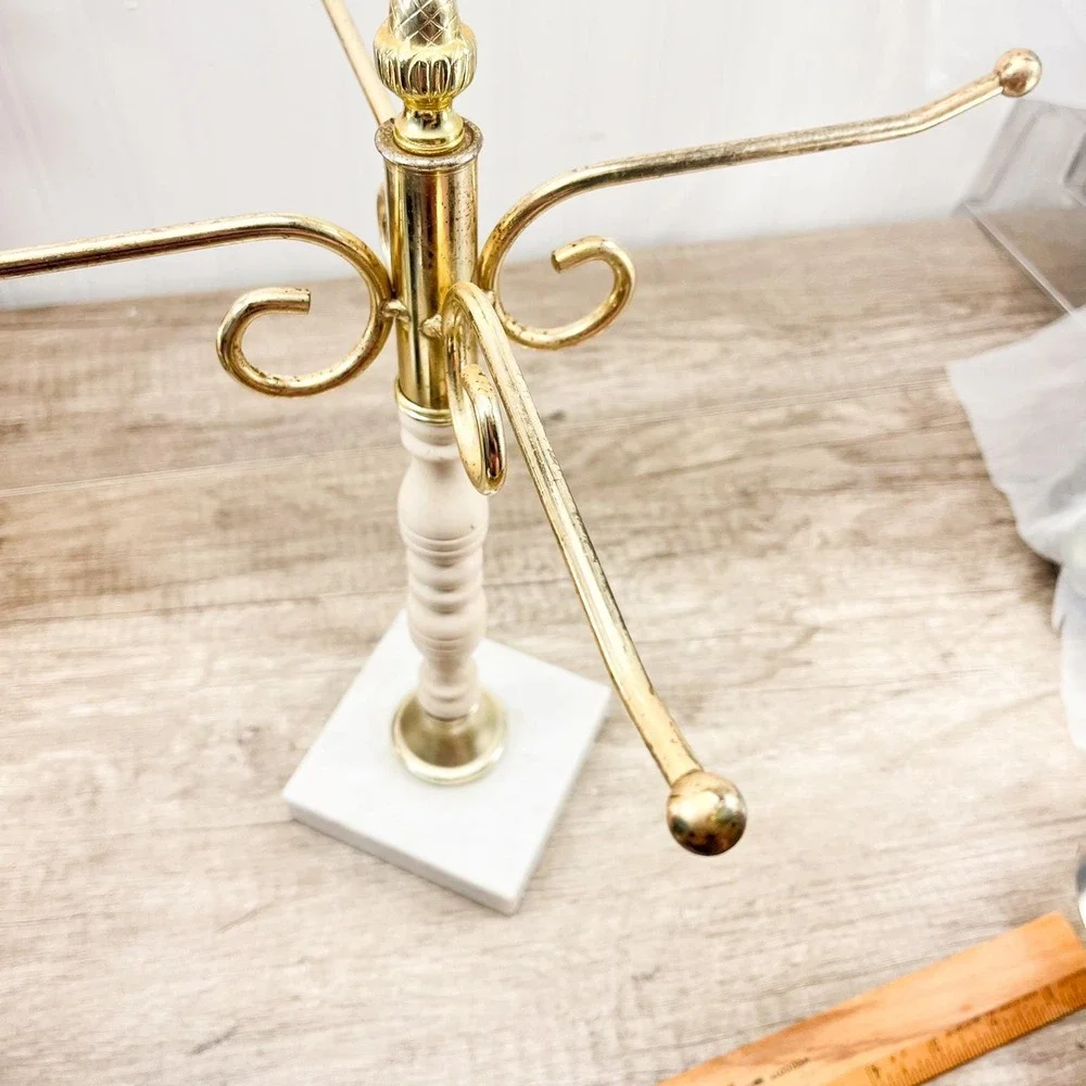 Vintage Brass Marble Jewelry Stand, 4-Arm Rotating Organizer Decor